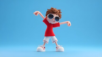 Cartoon Boy Dancing Joyfully in Sunglasses and Red T-Shirt