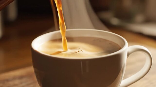 Pouring a fresh hot cup of steaming coffee into a brown mug.