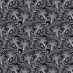 Seamless Art Nouveau floral pattern in monochrome. Featuring stylized carnations and swirling stems in shades of grey and black, this rhythmic botanical illustration offers a modern, vintage look.