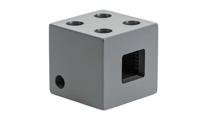 Metal cube with four holes on top, a square hole on one side, and a circular hole on another against a white backdrop