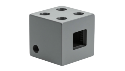 Metal cube with four holes on top, a square hole on one side, and a circular hole on another against a white backdrop