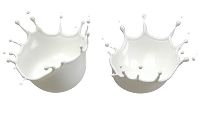 Two white liquid splashes on a black backdrop, each with distinct crown-like projections
