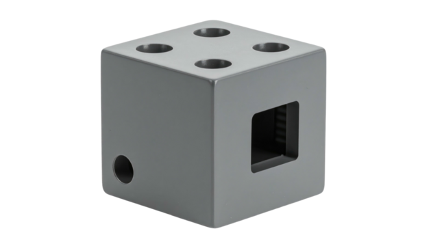Metal cube with four holes on top, a square hole on one side, and a circular hole on another against a white backdrop - Powered by Adobe