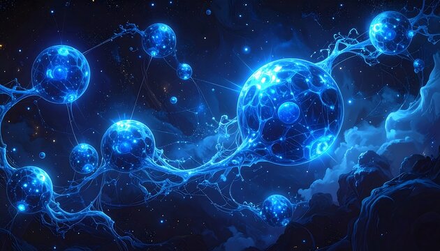 Glowing blue orbs connected by ethereal strands float amidst swirling clouds of energy in a dark, dreamy space - Powered by Adobe