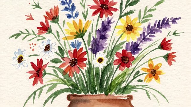Watercolor Bouquet of Wildflowers in a Terracotta Pot with Green Leaves and Detailed Petals in Natural Light