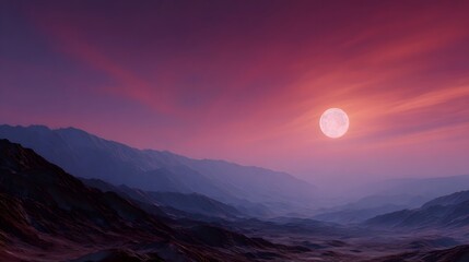 Majestic alien mountain range under a vibrant twilight sky with a glowing celestial orb