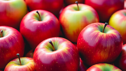 Vibrant, fresh apples, arranged naturally. The apples are predominantly deep red with hints of golden yellow and green.