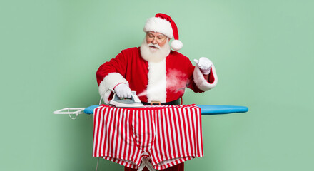 Santa Claus ironing his festive red and white striped boxer shorts with a steaming iron on an ironing board with a mint green background