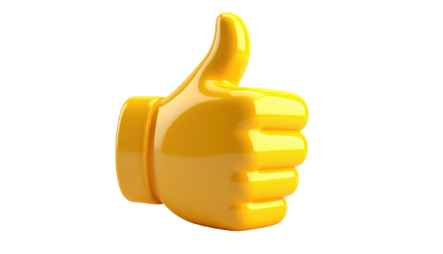 A glossy, yellow, three-dimensional thumbs-up icon is isolated against a stark black background