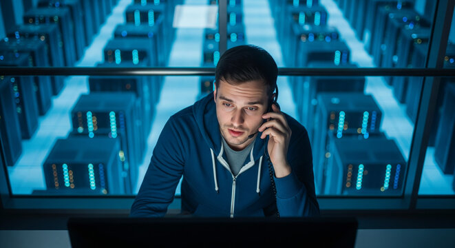 Focused IT engineer in a data center speaking on a headset