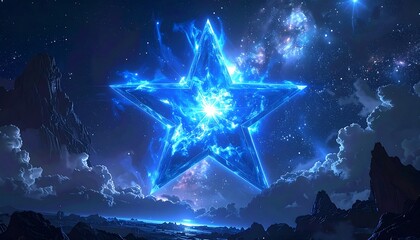 Glowing blue star hangs in the sky above a cloudy landscape, with distant mountains and a river