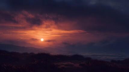 A dramatic sunset casts vibrant orange and red hues across a cloudy sky over a rugged dark landscape with silhouetted hills