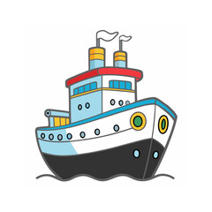 Obraz premium A cheerful cartoon cruise ship with red trim sailing on gentle waves