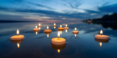 Floating candles glowing on tranquil water at peaceful dusk