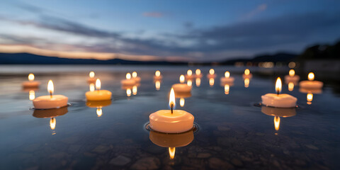 Floating candles illuminate tranquil water at dusk, creating peace
