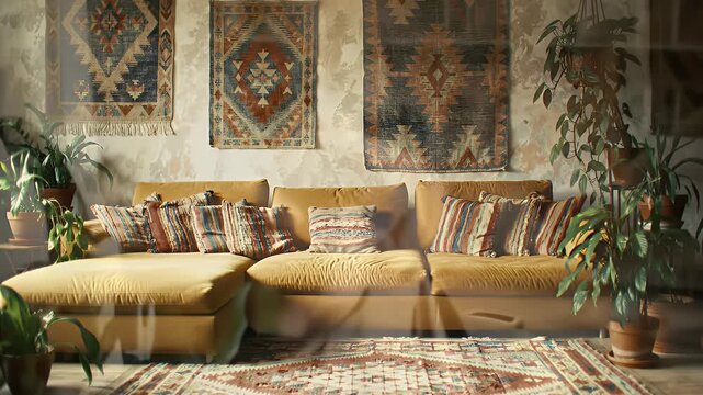 Bohemian Living Room Decor With Yellow Sectional Sofa And Woven Tapestries And Potted Plants In Natural Light