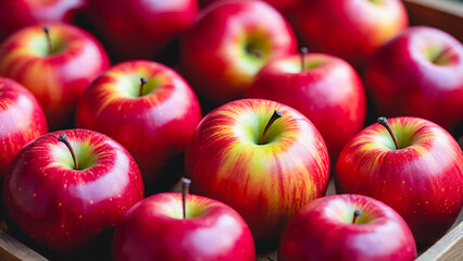 Vibrant, fresh apples, arranged naturally. The apples are predominantly deep red with hints of golden yellow and green.