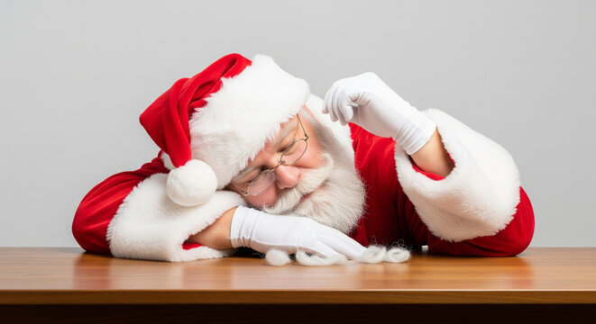 Exhausted Santa Claus resting his head on a simple wooden table, depicting the immense weariness and need for a brief nap during the busy holiday season - Powered by Adobe