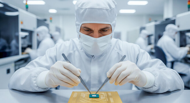 Engineer in cleanroom assembling microchip on circuit board with tweezers