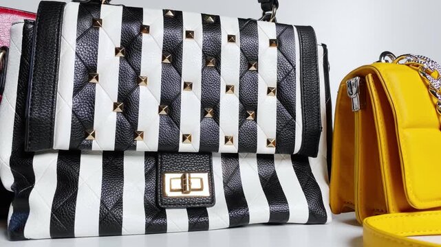 Fashion bags collection, striped, yellow and red purses on white