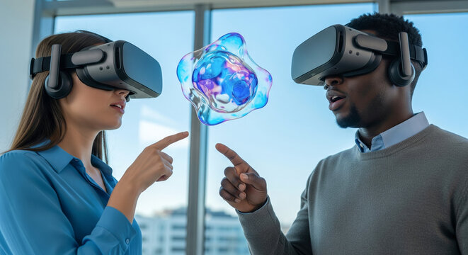 Two professionals exploring a vibrant virtual object in VR headsets in a modern office