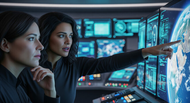 Women scientists analyzing global data on a large screen in a futuristic control room