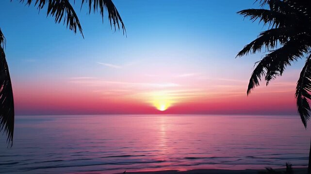 Vibrant Sunset Over Calm Ocean With Silhouetted Palm Trees Framing The View