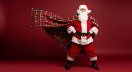 Confident senior man dressed as a Christmas superhero in a Santa suit with a flowing tartan cape