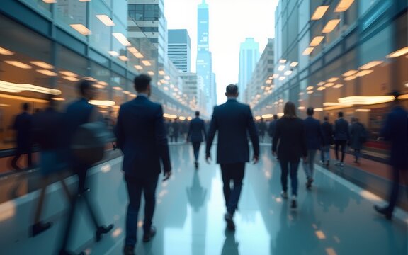 motion blur image of business people crowd walking at corporate office in city downtown, blurred background, business center concept, Generative AI. High quality