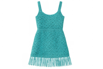 Turquoise crochet mini dress with shoulder straps and fringe hem, knitted summer clothing on transparent background