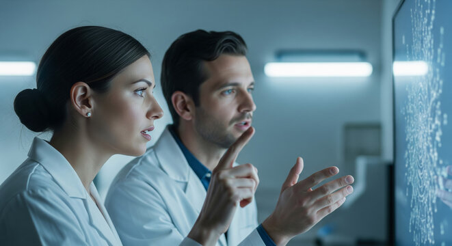 Scientists in lab coats analyzing advanced data on a large digital screen in a modern research facility