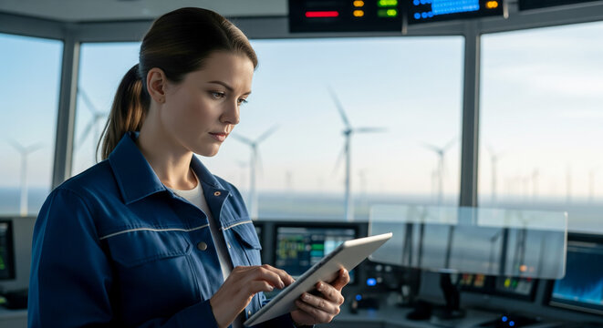 Female engineer monitoring wind turbine operations on a digital tablet - Powered by Adobe