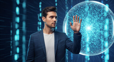 Man interacting with a futuristic quantum data core interface