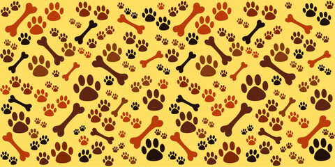 Yellow Background with dog paw print and bone. Good for textile fabric design, wrapping paper, website wallpapers, textile, wallpaper. seamless pattern of dog treats, packaging vector Illustration