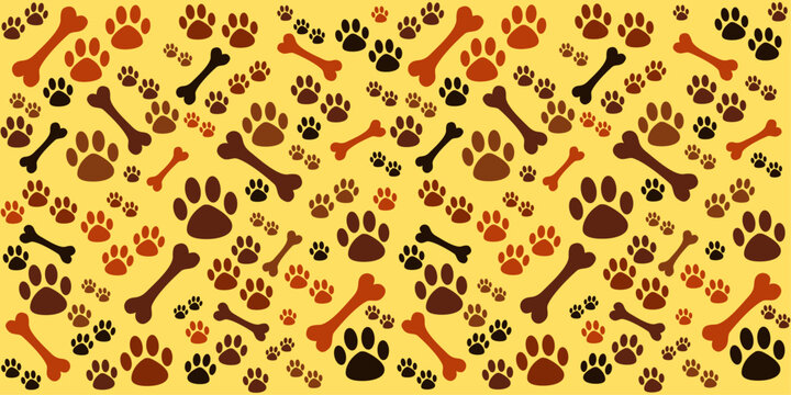 Yellow Background with dog paw print and bone. Good for textile fabric design, wrapping paper, website wallpapers, textile, wallpaper. seamless pattern of dog treats, packaging vector Illustration