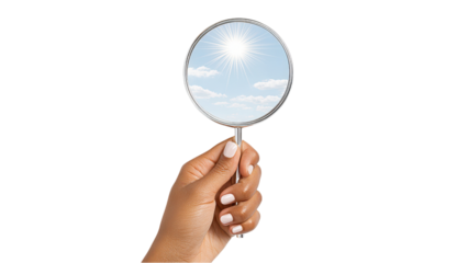 Hand Holding Mirror Reflecting Sunny Sky - Concept of Optimism and Perspective