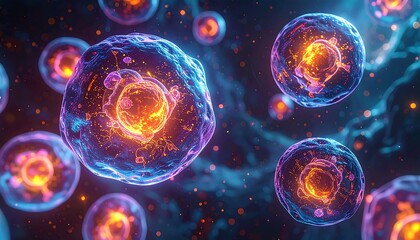 Glowing cells float in a teal space, detailed surfaces and radiant nuclei creating depth and complexity