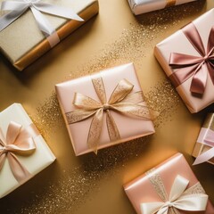 Luxury Christmas Gift Boxes with Golden Ribbons and Glitter – Elegant Holiday Flat Lay