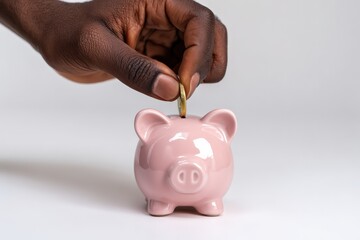 Black hand dropping coin into a pink piggy bank, representing financial savings, investment, and budgeting for future goals