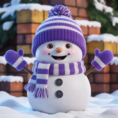 A cheerful snowman with purple and white striped accessories