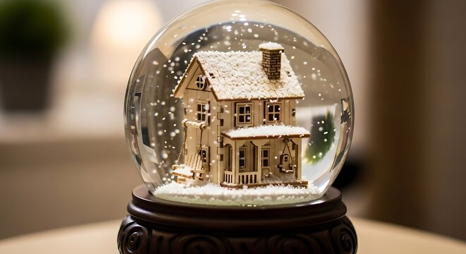 Snow Globe with Miniature House and Falling Snowflakes.