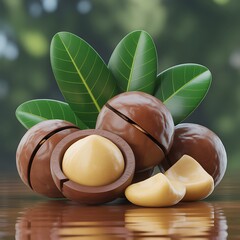 A closeup of macadamia nuts with green leaves