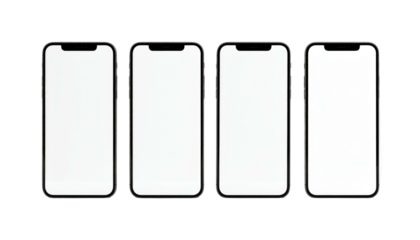 Four phones with blank screens, arranged side-by-side on a black background, showcasing a mockup presentation