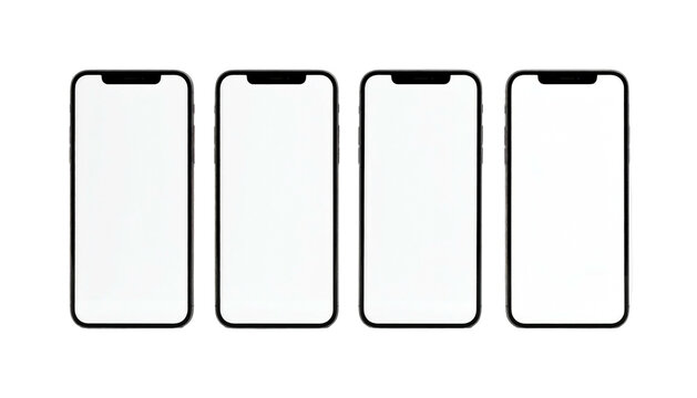 Four phones with blank screens, arranged side-by-side on a black background, showcasing a mockup presentation
