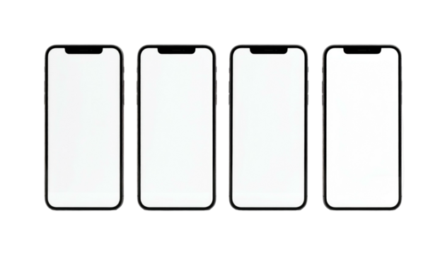 Four phones with blank screens, arranged side-by-side on a black background, showcasing a mockup presentation