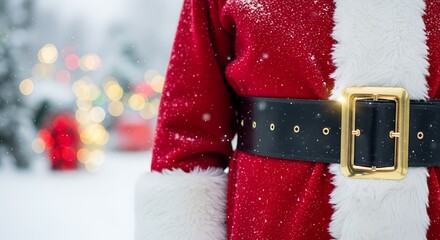 Close-up of Santa Claus red suit with black leather belt and golden buckle in snowy outdoor background