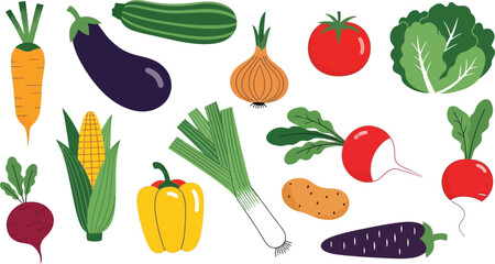 Collection of colorful hand drawn fresh delicious vegetables isolated on white background. Bundle of healthy and tasty vegan products, wholesome vegetarian food.