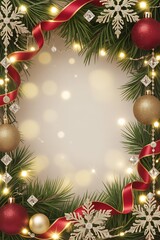 Festive christmas frame with ornaments and red ribbon