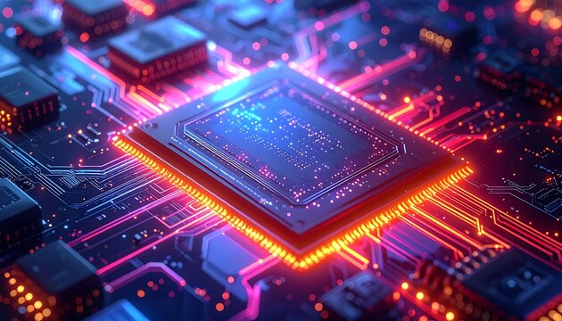 Glowing chip on intricate board with neon lines, conveying high tech and innovation in a futuristic design