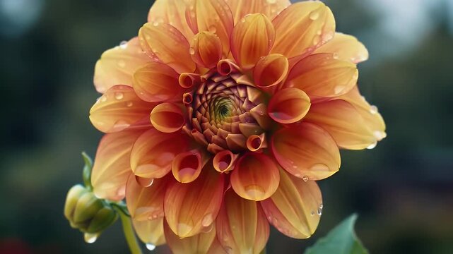 Close up of a vibrant orange dahlia flower with water droplets on petals in a garden setting with soft green blurred